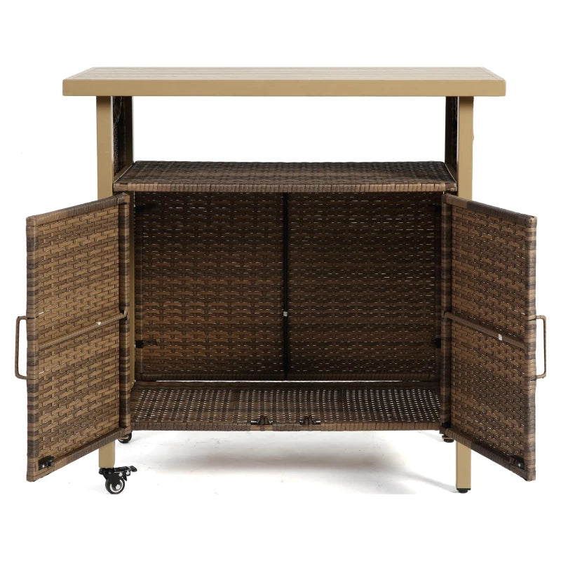 Outdoor Wicker Bar Cart with Plastic Wood