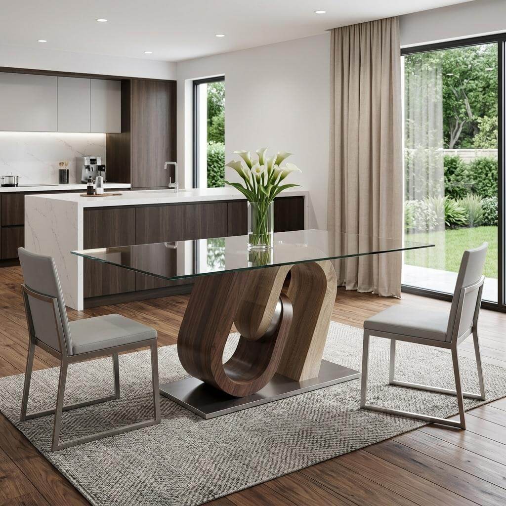 71 Inch Clear Brown and Silver Glass Dining Table in a modern kitchen setting with stylish chairs and natural light.