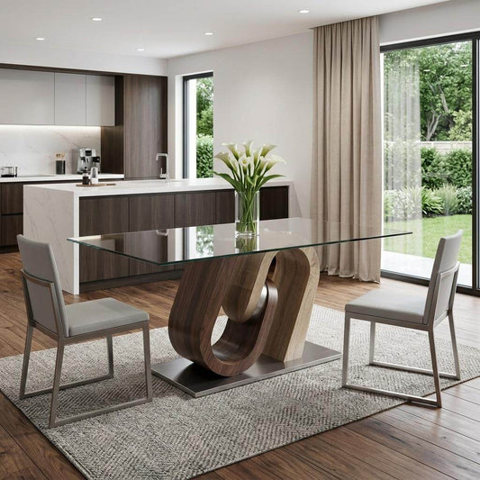 71 Inch Clear Brown and Silver Glass Dining Table in a modern kitchen setting with stylish chairs and natural light.