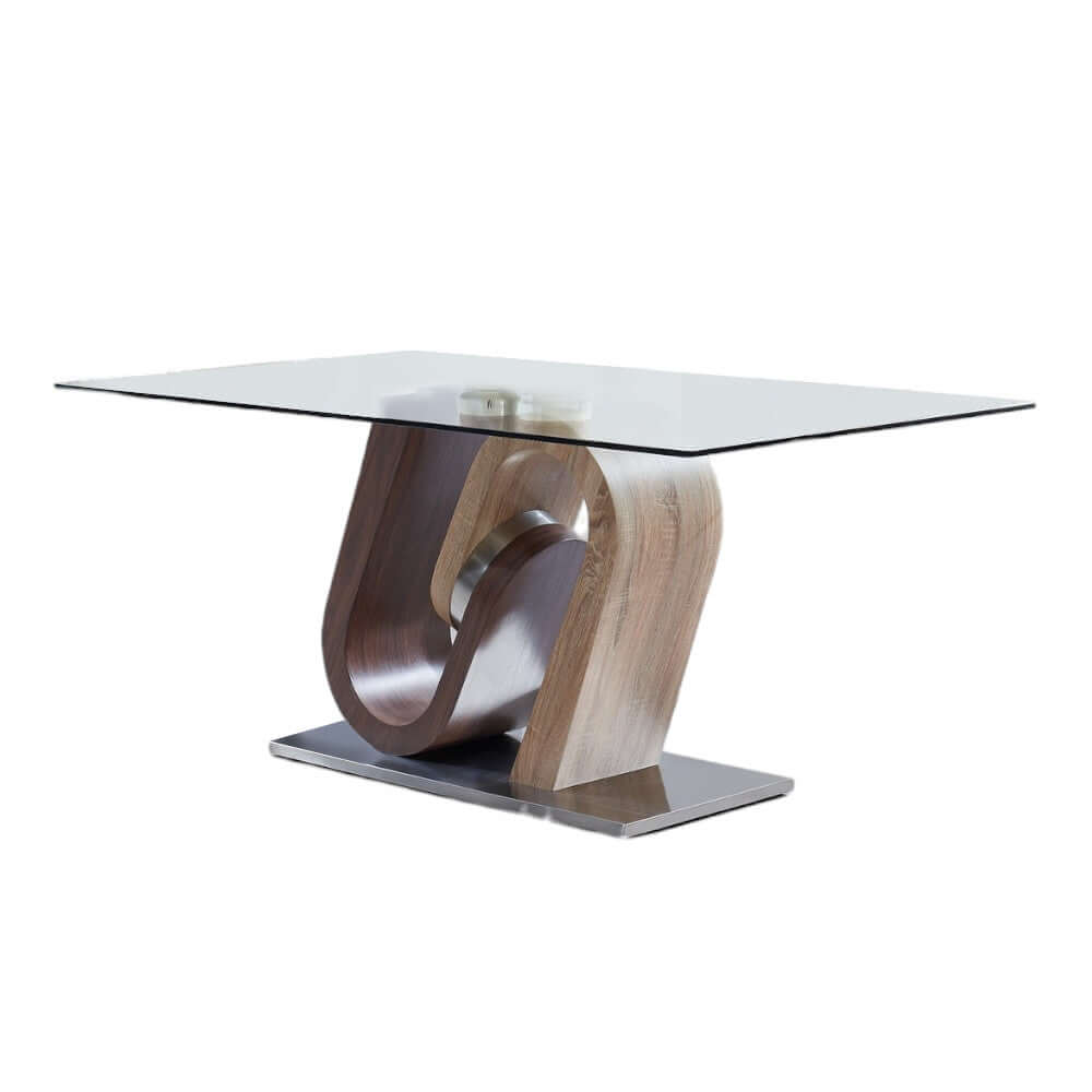 71 Inch Clear Brown and Silver Glass Dining Table featuring a sculptural base and clear glass top for modern elegance.