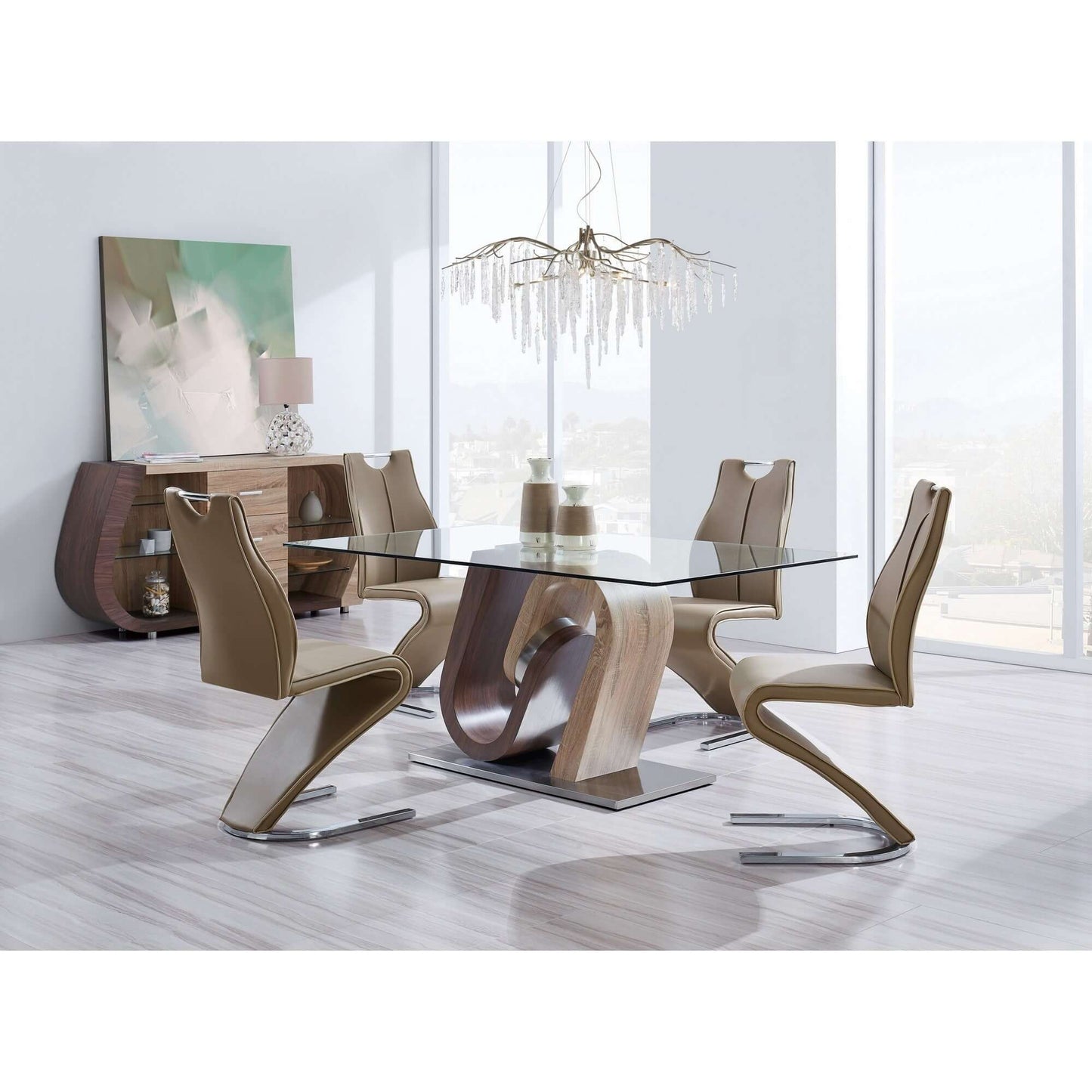 71 Inch Clear Brown and Silver Glass Dining Table with modern design and stylish chairs in a bright dining room.