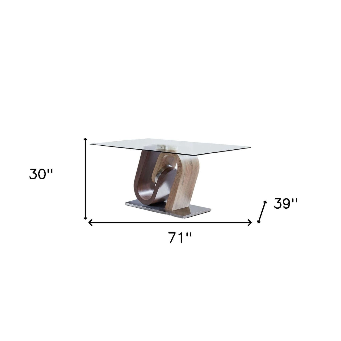 71 Inch Clear Brown and Silver Glass Dining Table with a modern sculptural design, dimensions 71x30x39 inches.