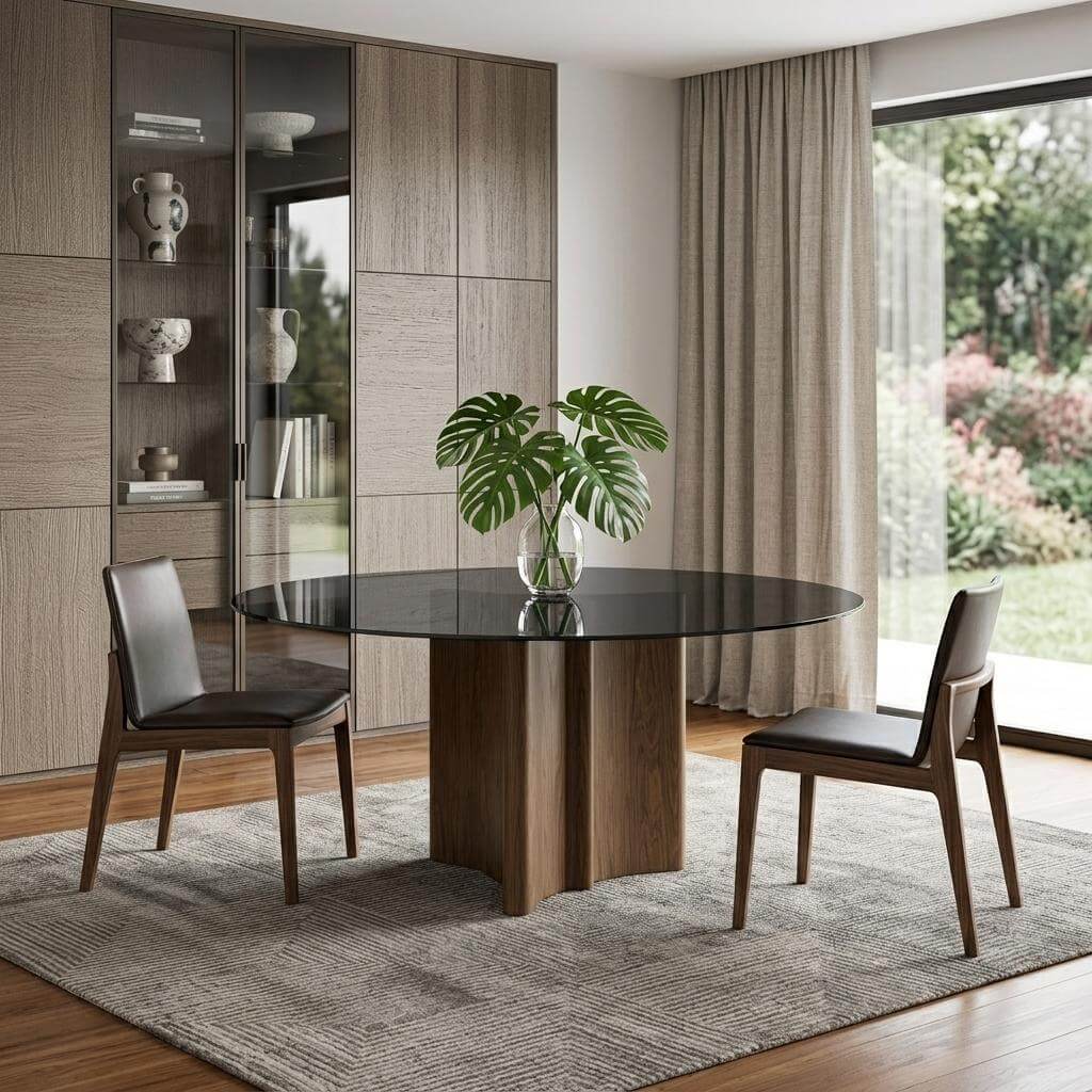71'' Smoky Black And Brown Rounded Glass Wood Base Dining Table