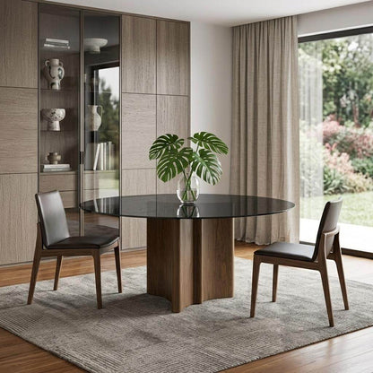71'' Smoky Black And Brown Rounded Glass Wood Base Dining Table