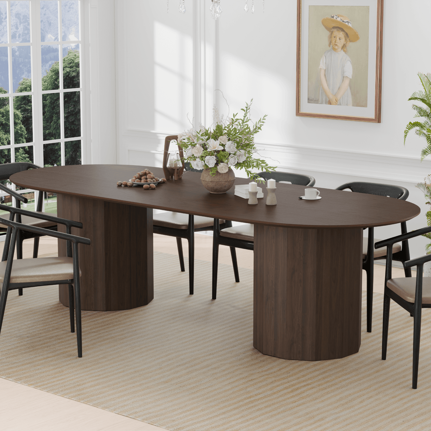 Walnut Solid Wood Double Pedestal Base Oval Dining Table