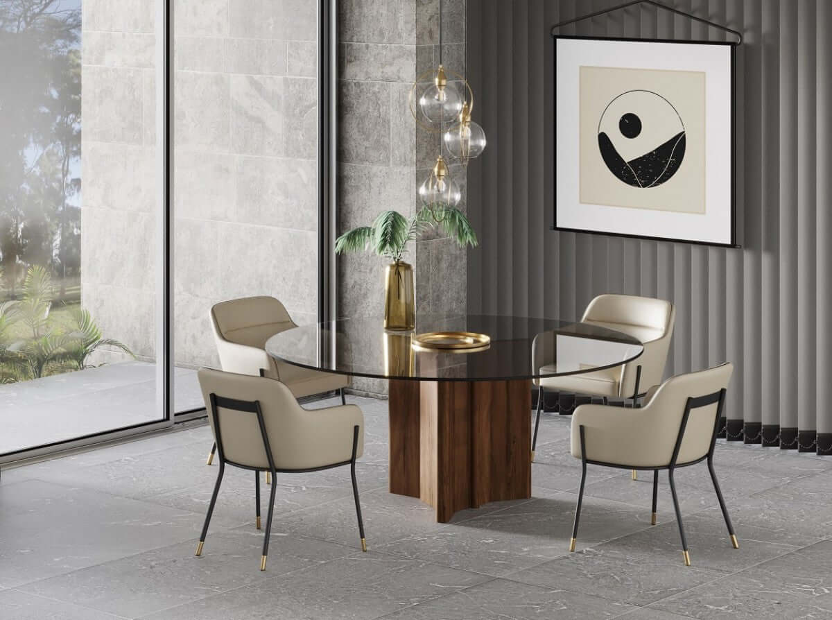 71'' Smoky Black And Brown Rounded Glass Wood Base Dining Table