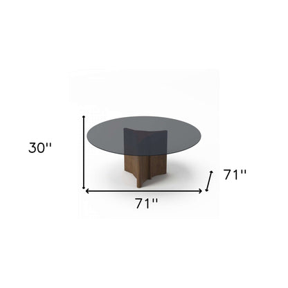 71'' Smoky Black And Brown Rounded Glass Wood Base Dining Table