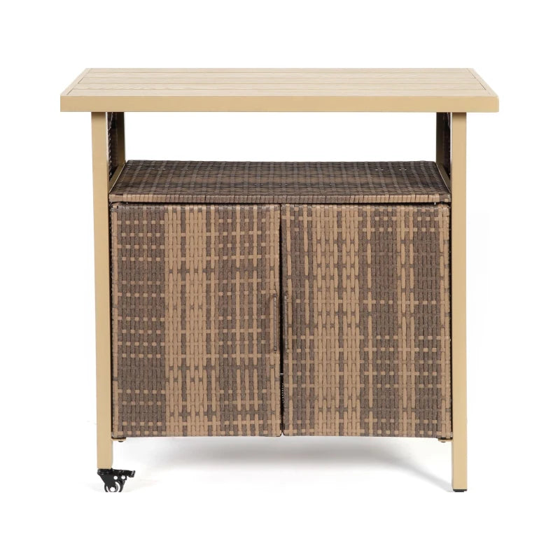 Outdoor Wicker Bar Cart with Plastic Wood
