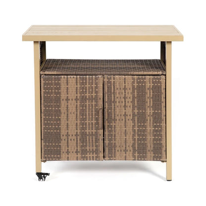 Outdoor Wicker Bar Cart with Plastic Wood