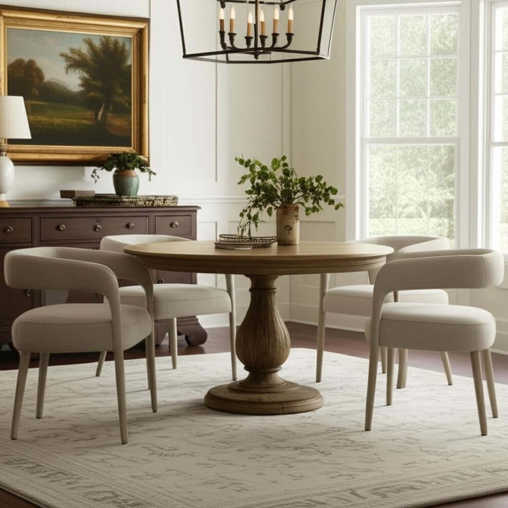 Five Piece Dark Brown Round Solid Wood Dining Set with Four Chairs