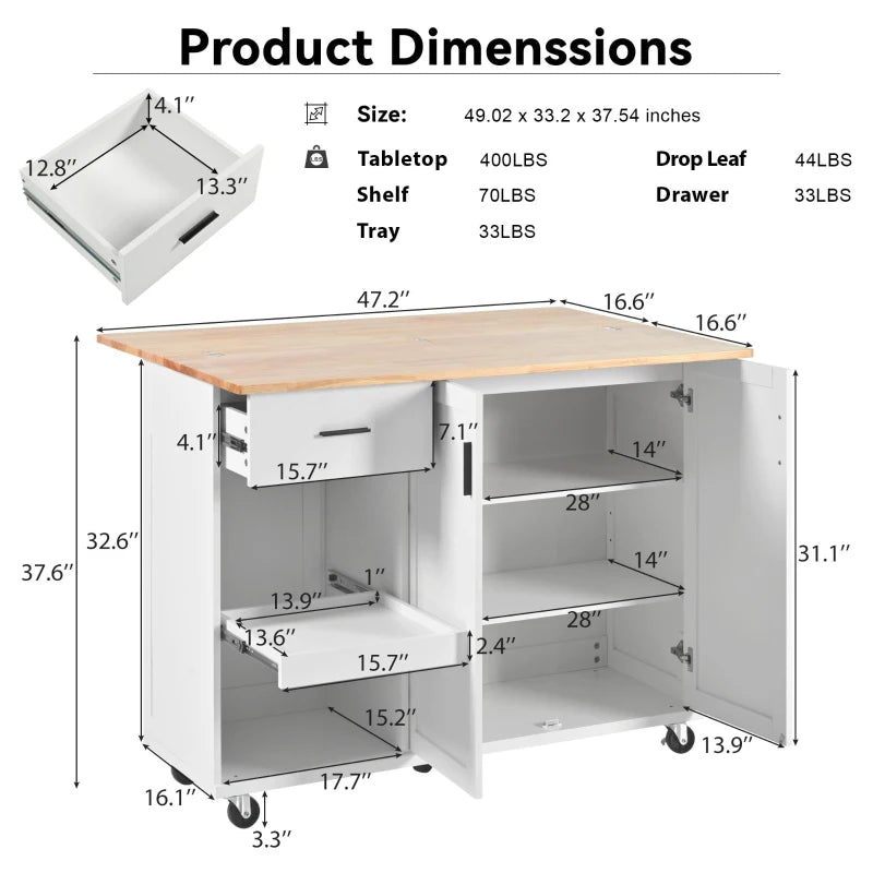 Kitchen Island Cart with Foldable Countertop