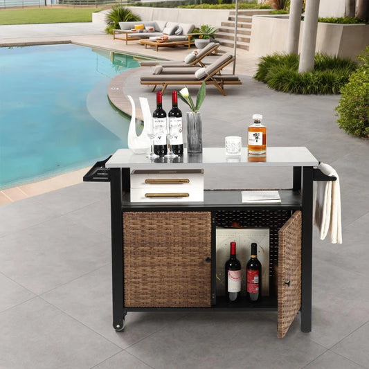 Outdoor Kitchen Wicker Island Rolling Cart