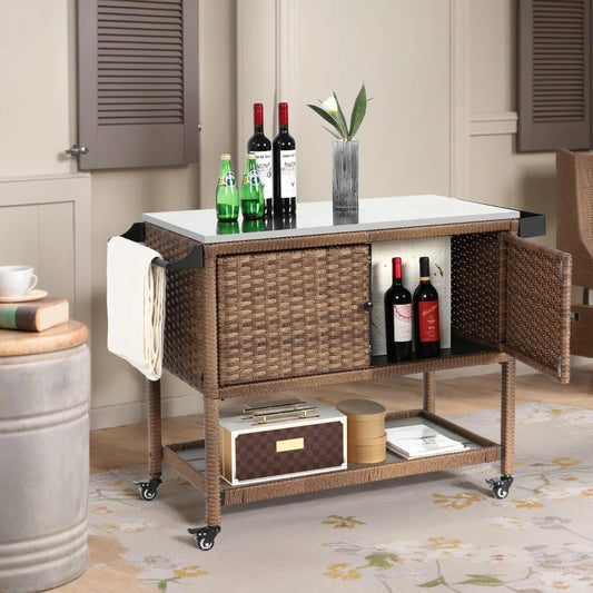 Brown Outdoor Wicker Bar Cart