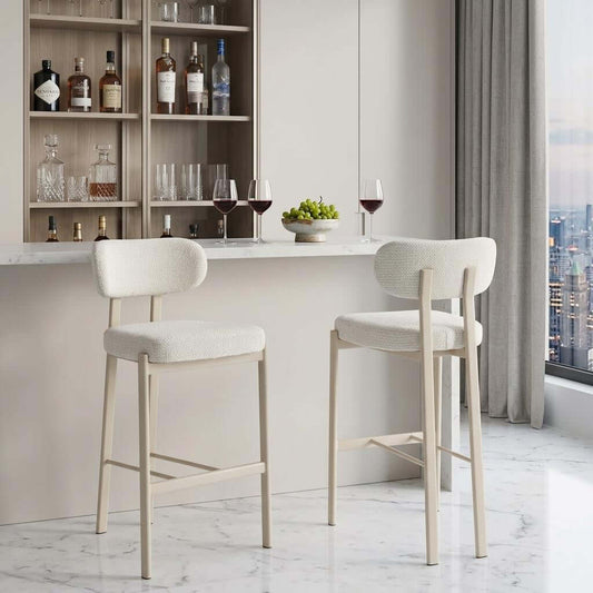 Set of Two Gray Wood and Fabric Low Back Bar Chairs in a modern kitchen with a stylish bar setup.