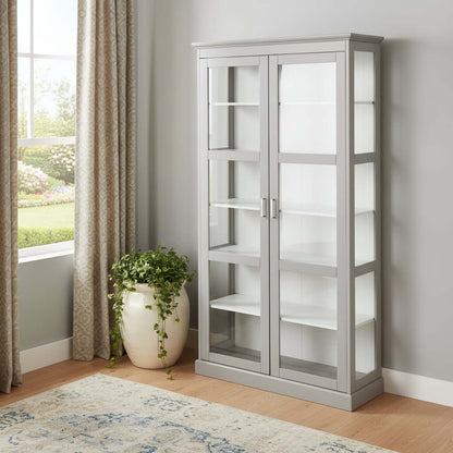 Gray double door curio cabinet with glass doors and shelves, perfect for displaying collectibles in a modern home decor.
