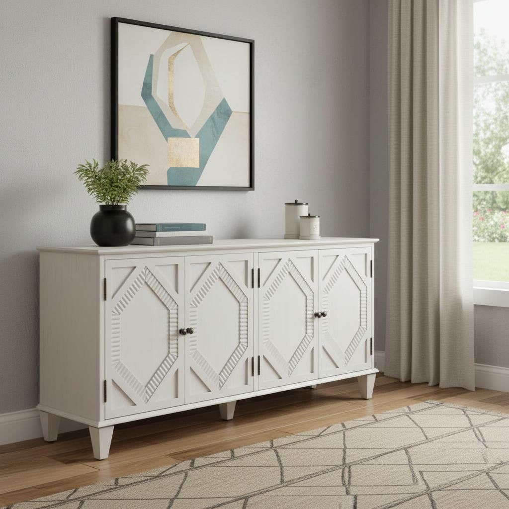 HOMEROOTS White Wood Accent Cabinet with Doors & Shelves in a modern living room setting with decorative items.