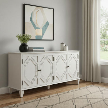 HOMEROOTS White Wood Accent Cabinet with Doors & Shelves in a modern living room setting with decorative items.