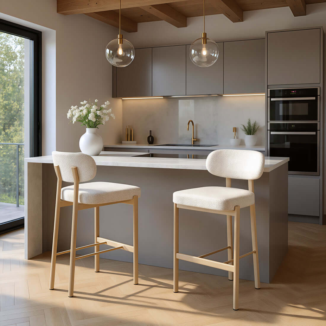 Set of Two Gray Wood and Fabric Low Back Bar Chairs in a modern kitchen with a cozy setup.
