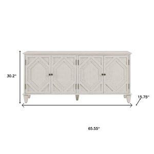 HOMEROOTS White Wood Accent Cabinet with Doors & Shelves shown with dimensions 30.2" height, 65.55" width, 15.75" depth.