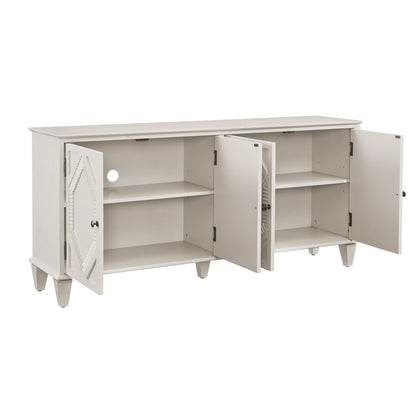 HOMEROOTS White Wood Accent Cabinet With Doors & Shelves displaying clean lines and geometric carvings for stylish storage.