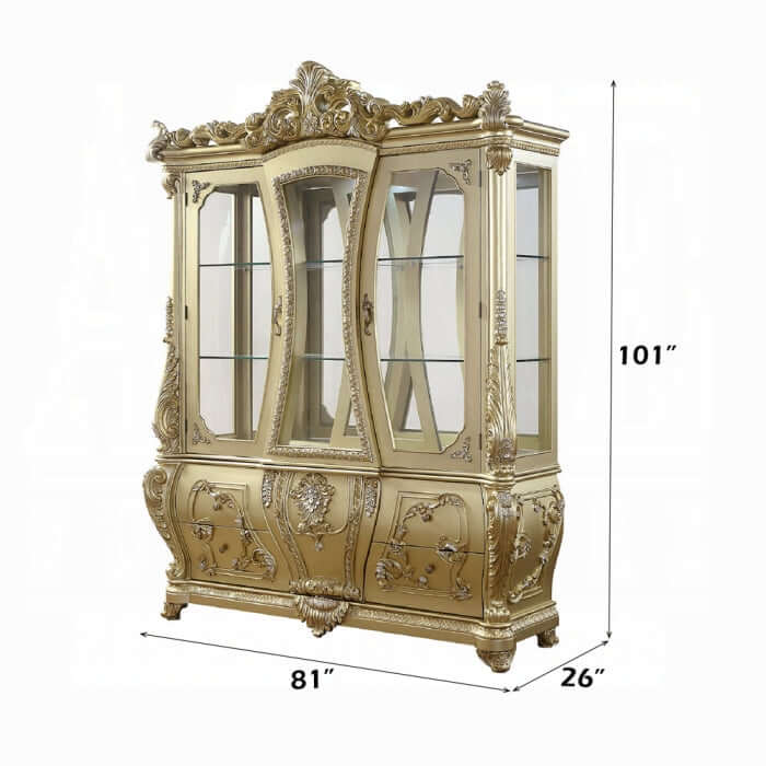 ACME Cabriole curio cabinet in gold with glass doors and intricate detailing, perfect for showcasing glassware.