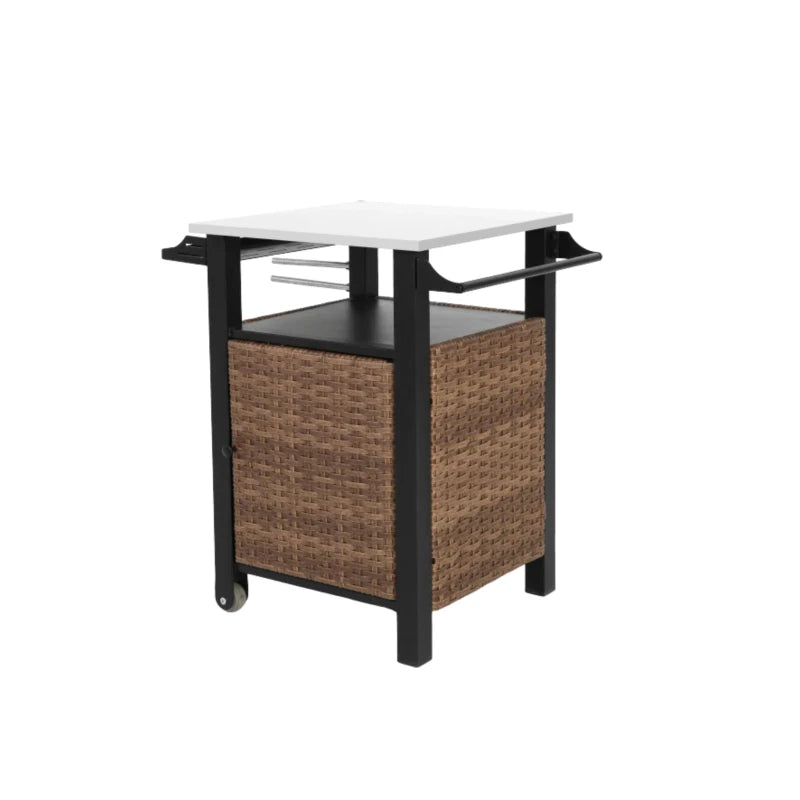 Outdoor Wicker Island Rolling Cart with Storage