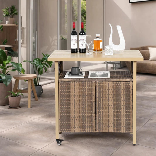 Outdoor Wicker Bar Cart with Plastic Wood