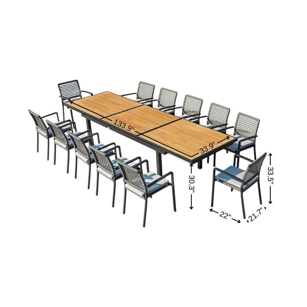 HOMEROOTS 13 Piece Natural and Black Solid Wood Dining Set with dimensions, perfect for outdoor entertaining and gatherings.