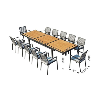 HOMEROOTS 13 Piece Natural and Black Solid Wood Dining Set with dimensions, perfect for outdoor entertaining and gatherings.