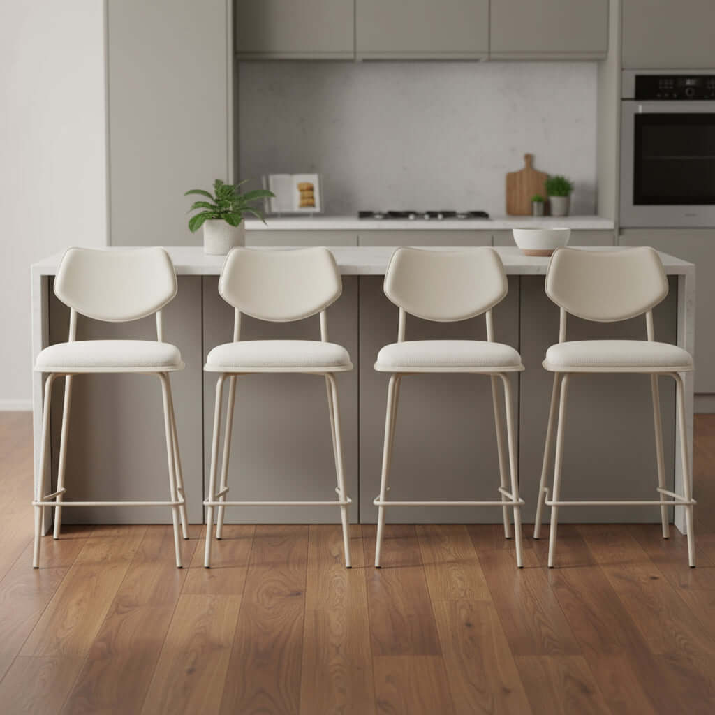 Homeroots 4 Set Gray Bar Chairs Counter Height Steel Frame in a modern kitchen setting.