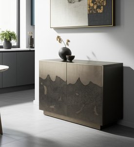 gray distressed metal accent cabinet with textured finish in modern interior setting