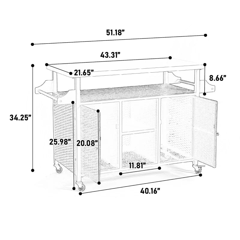 Outdoor Wicker Rolling Cart with Storage Cabinet