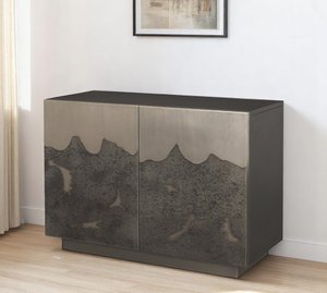 Gray distressed metal accent cabinet with textured finish, ideal for storage and industrial decor.