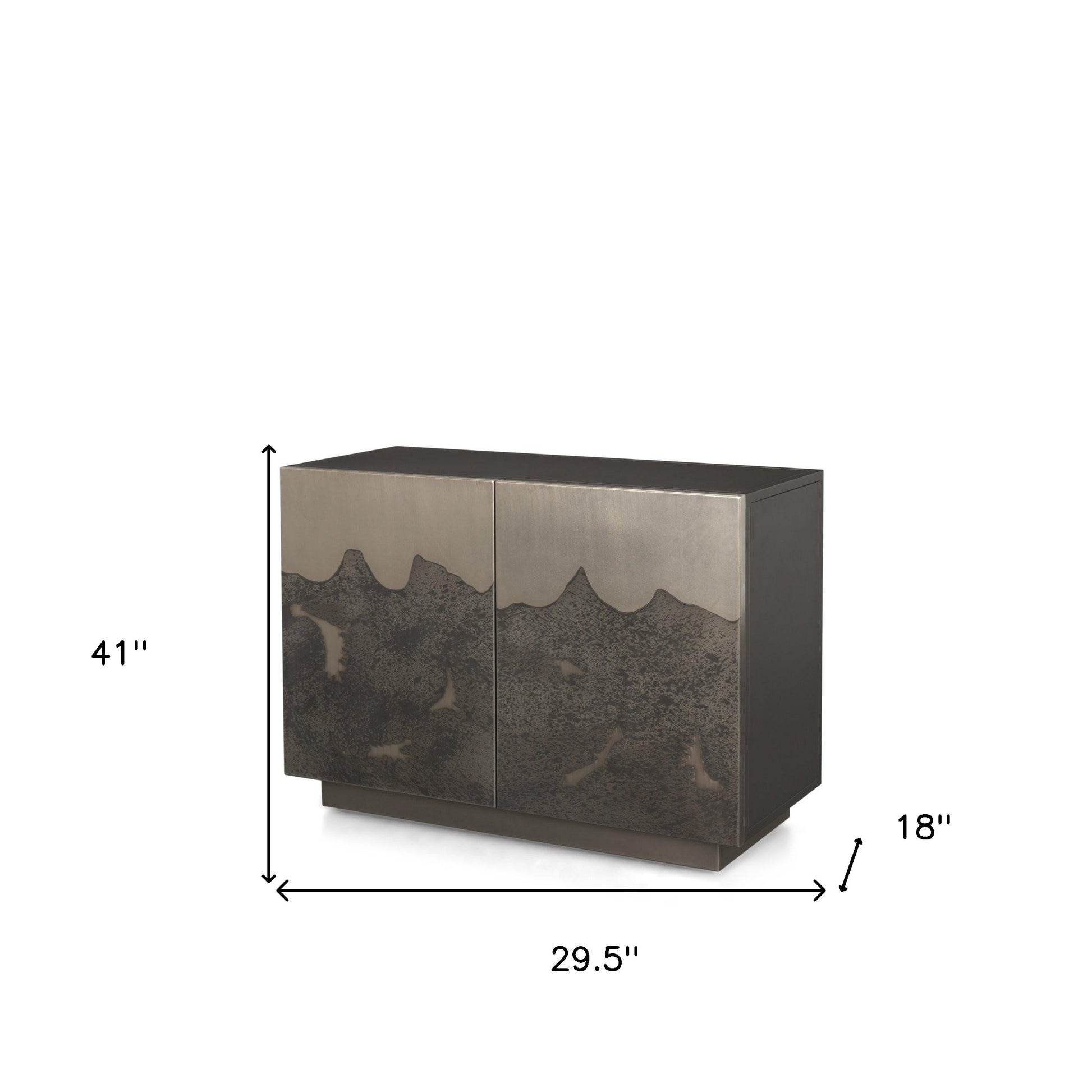 HOMEROOTS 30" Textured Gray Distressed Metal Accent Cabinet showcasing its dimensions of 29.5" x 18" x 41".