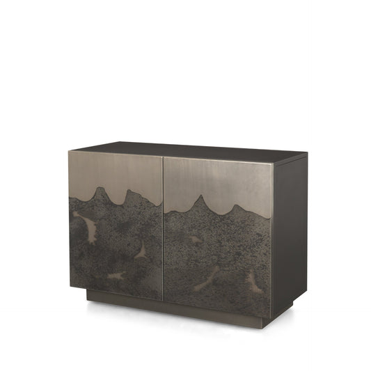 HOMEROOTS 30" Textured Gray Distressed Metal Accent Cabinet with stylish design and textured finish.