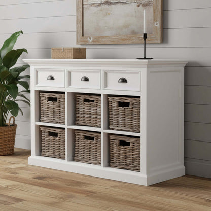 Homeroots Modern Farmhouse Buffet Server With Basket Set featuring drawers and hand-woven baskets in a stylish interior setting.