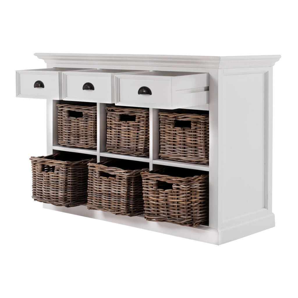 Homeroots Modern Farmhouse Buffet Server With Basket Set showcasing three drawers and woven baskets in white design.
