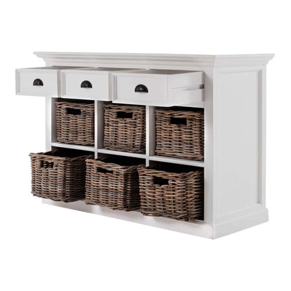 Homeroots Modern Farmhouse Buffet Server With Basket Set showcasing three drawers and woven baskets in white design.