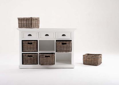 Homeroots Modern Farmhouse Buffet Server With Basket Set displaying stylish storage and woven baskets.