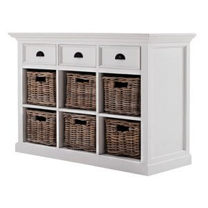 Homeroots Modern Farmhouse Buffet Server With Basket Set featuring drawers and hand-woven baskets for stylish storage.