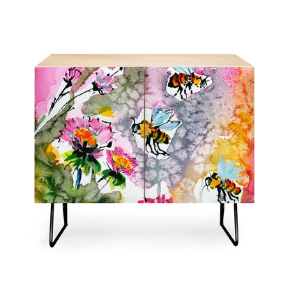 Fine art pink flowers and bees cabinet credenza