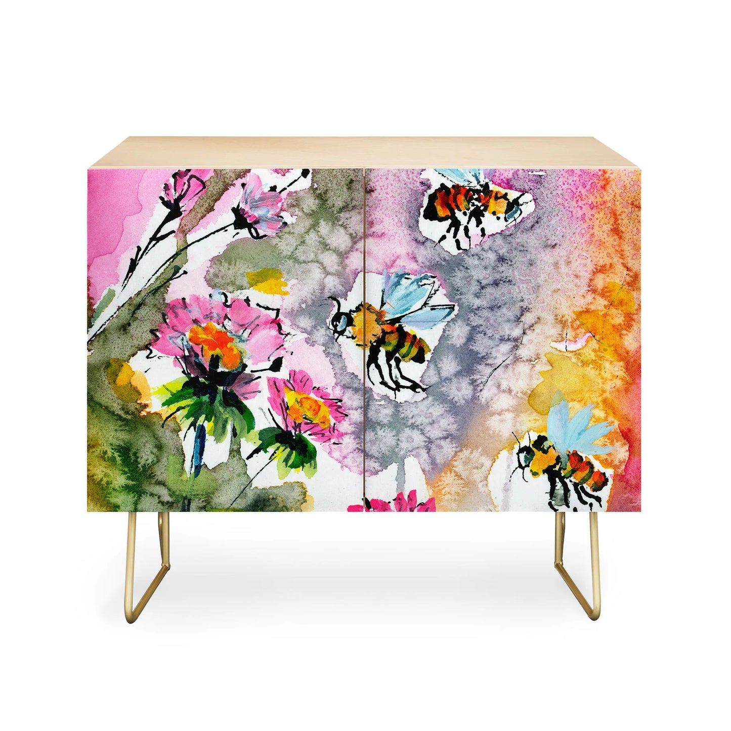 Fine art pink flowers and bees cabinet credenza