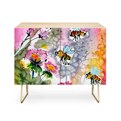 Fine art pink flowers and bees cabinet credenza