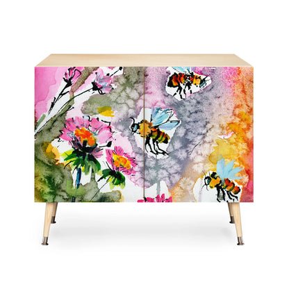 Fine art pink flowers and bees cabinet credenza