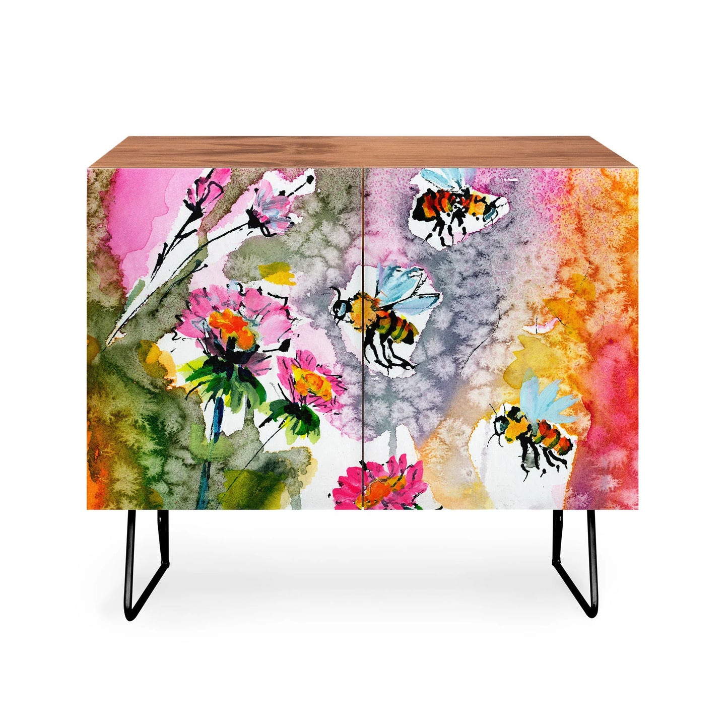 Fine art pink flowers and bees cabinet credenza