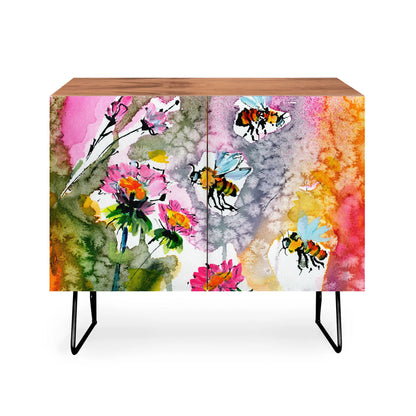Fine art pink flowers and bees cabinet credenza