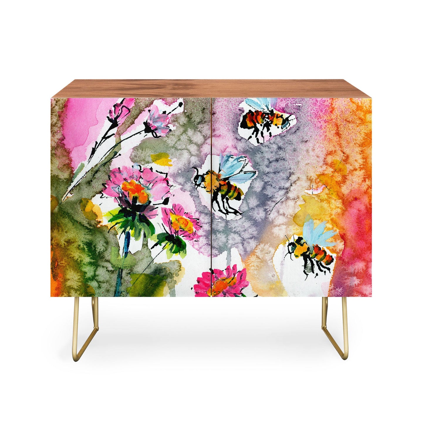 Fine art pink flowers and bees cabinet credenza