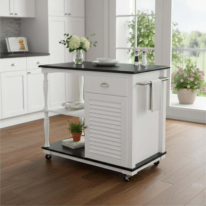 Black and White and Black 39" Rolling Kitchen Island With Storage