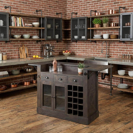 Gray Solid Wood Kitchen Island With Wine Bottle Storage