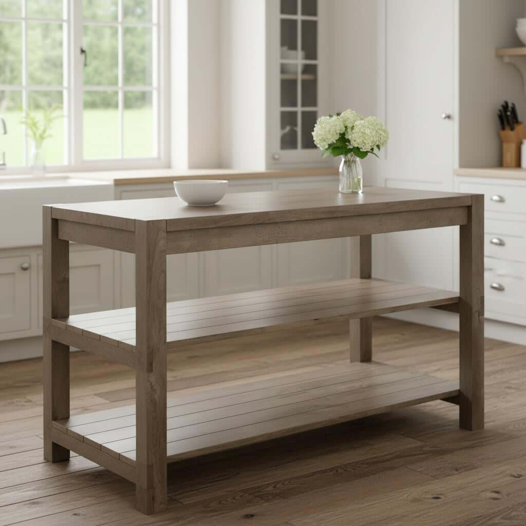 Brown Solid Wood Kitchen Island With Two Tier Smooth Counter Top
